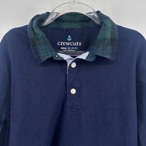 Crewcuts Navy Blue Long Sleeve Rugby Polo Shirt Plaid Collar‎ Kids Size M 8 9